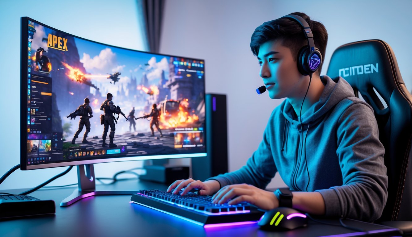 Seorang pemain muda duduk di depan komputer dengan perlengkapan gaming, fokus bermain video game battle royale.