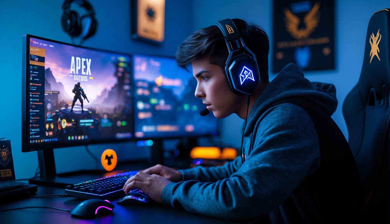 Seorang gamer fokus bermain Apex Legends di depan komputer dengan perangkat gaming modern.