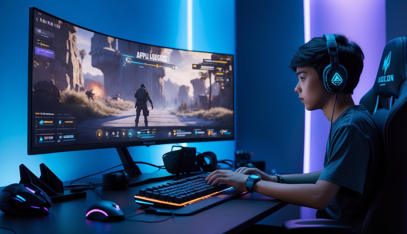 Seorang pemain game muda sedang mengatur sensitivitas mouse di depan layar komputer dengan perlengkapan gaming di sebuah ruangan berlampu redup.
