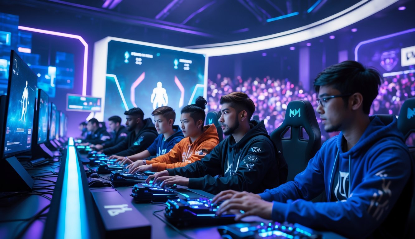 Sekelompok pemain esports sedang bermain game di arena futuristik dengan lampu neon dan layar digital besar di latar belakang.