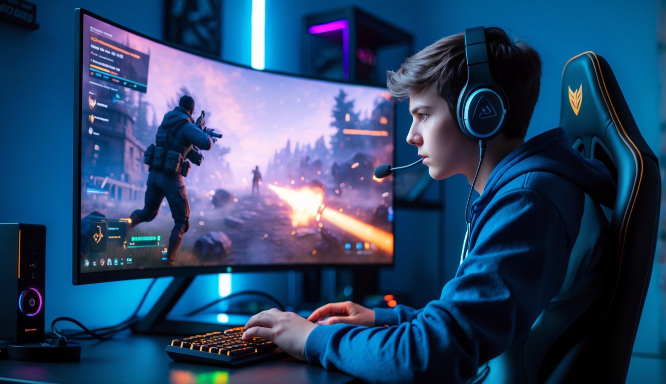 Seorang pemain muda fokus bermain game battle royale sendirian di depan monitor besar dengan pencahayaan warna-warni di ruangan gelap.