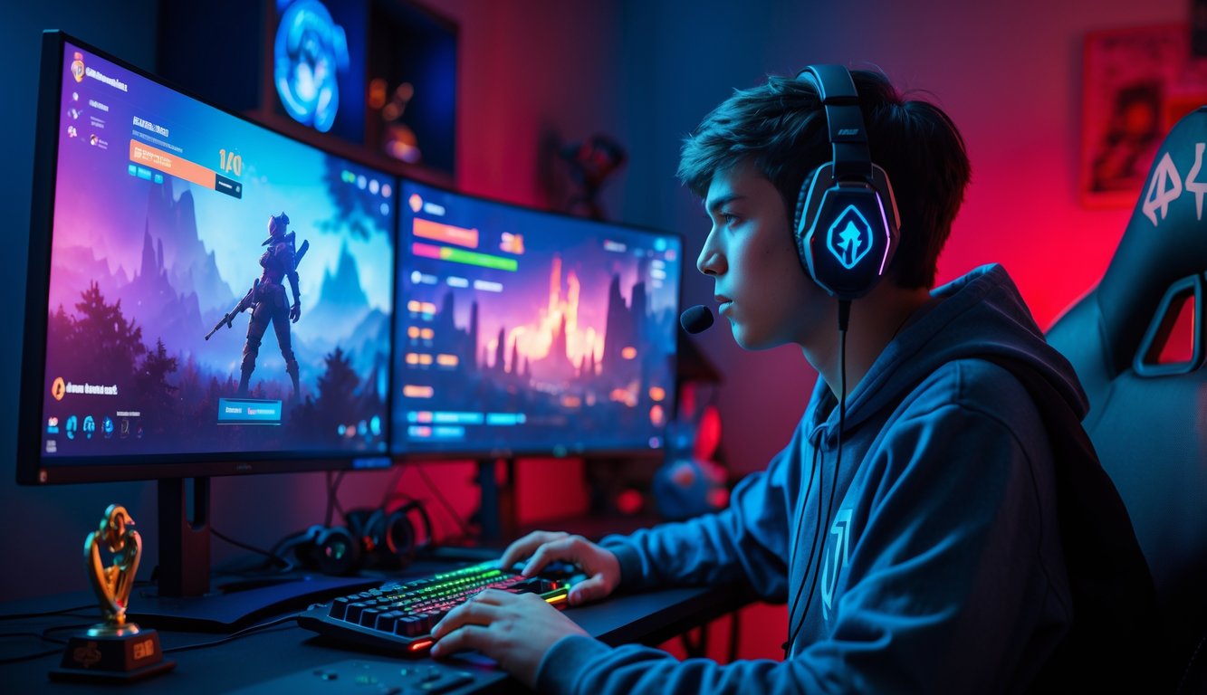 Seorang pemain muda sedang fokus bermain Apex Legends di meja gaming dengan beberapa monitor dan pencahayaan warna-warni.