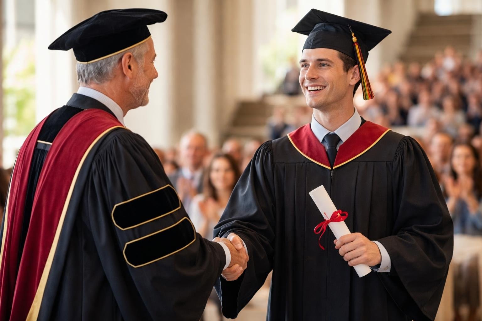 یک فارغ‌التحصیل جوان در حال دریافت مدرک دانشگاهی معتبر در سالن دانشگاه با لباس فارغ‌التحصیلی و دست دادن با مسئول دانشگاه.