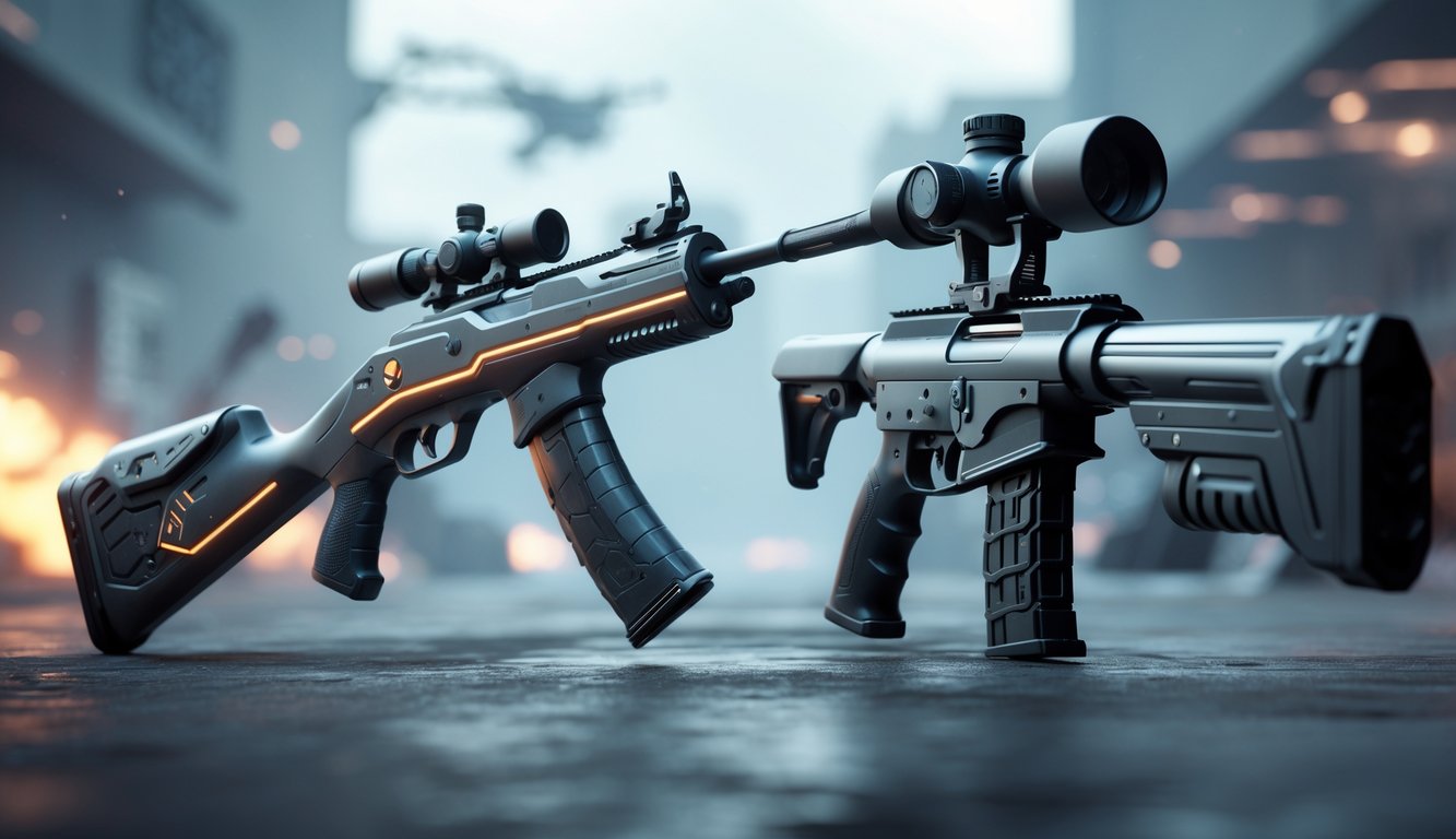 Dua senjata futuristik dari Apex Legends, satu shotgun untuk jarak dekat dan satu senapan sniper untuk jarak jauh, dengan latar belakang medan perang futuristik yang kabur.