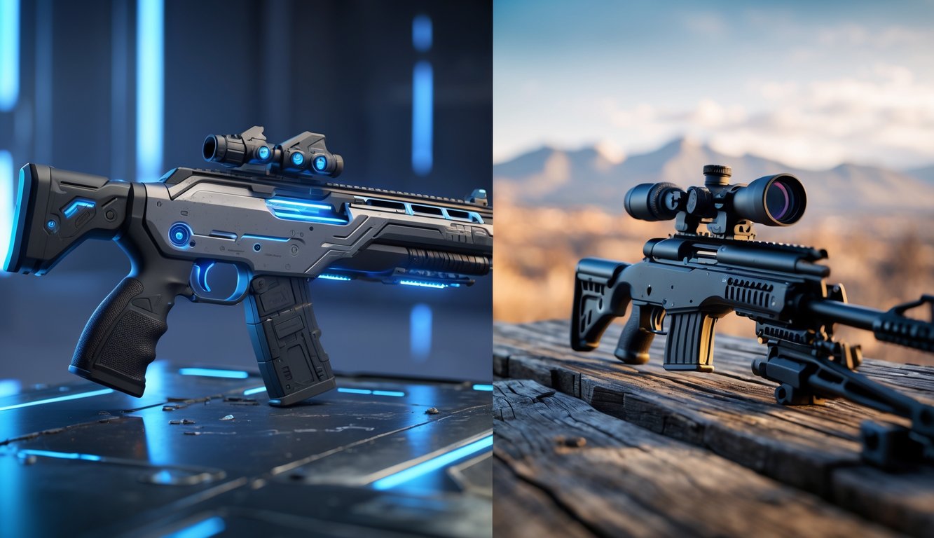 Dua jenis senjata Apex Legends, satu untuk pertempuran jarak dekat dan satu untuk jarak jauh, ditampilkan berdampingan dengan latar belakang yang menggambarkan lingkungan pertempuran.