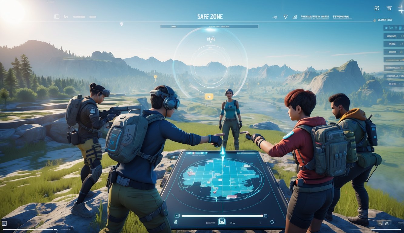 Tiga pemain game sedang merencanakan strategi rotasi peta di lingkungan permainan dengan peta digital dan latar belakang area permainan yang beragam.