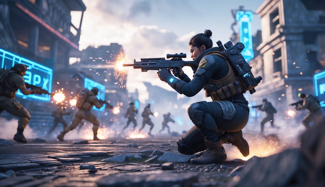 Seorang pemain tunggal Apex Legends sedang bersembunyi dan menembak musuh dari beberapa arah di medan pertempuran perkotaan futuristik.