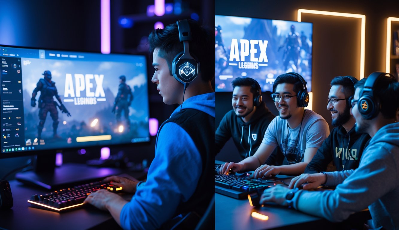 Seorang pemain solo fokus bermain game di depan layar komputer di sisi kiri, dan sekelompok empat pemain bermain bersama di meja game di sisi kanan.