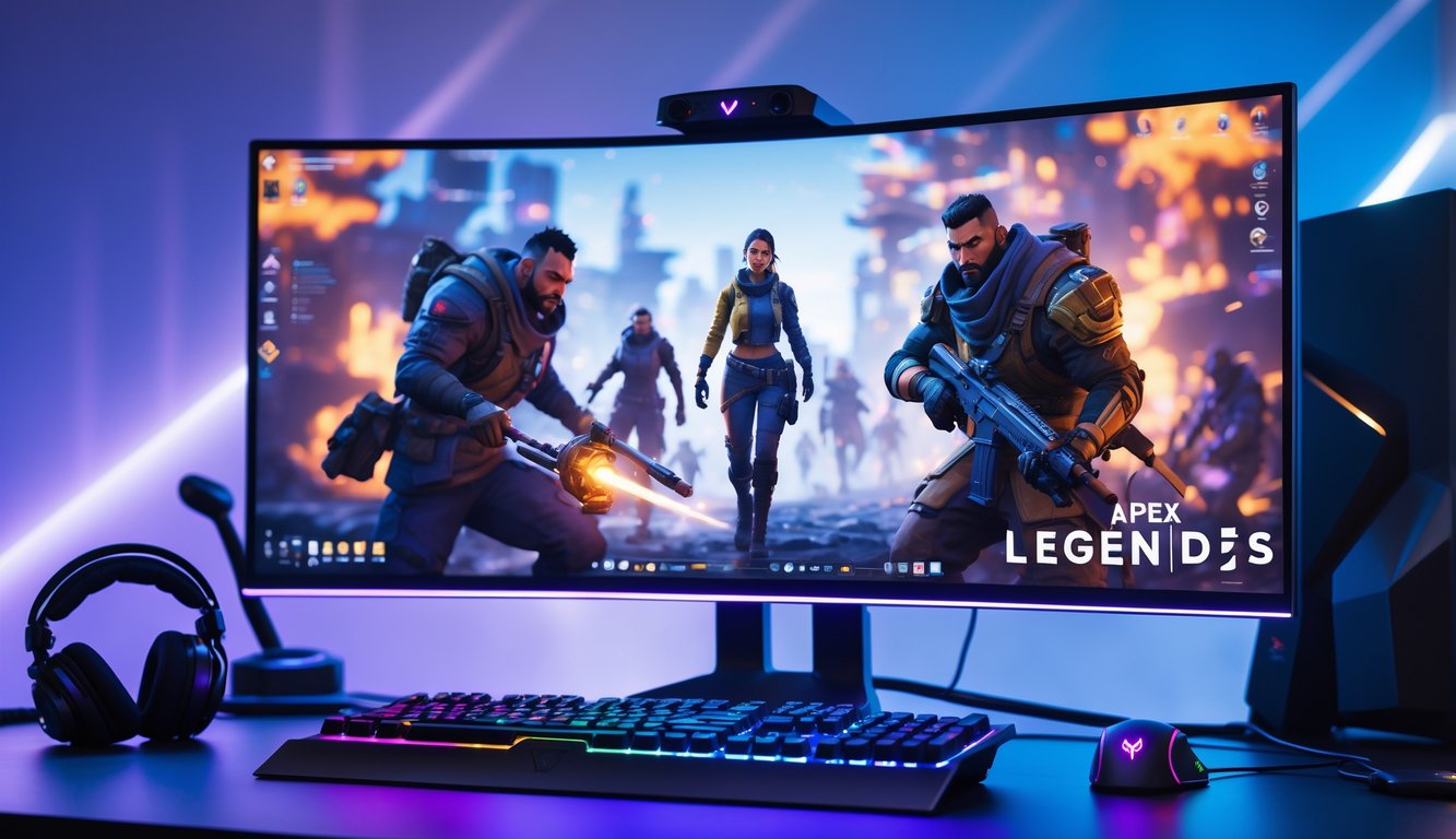 Sebuah meja gaming modern dengan monitor besar menampilkan gameplay Apex Legends, dilengkapi dengan keyboard, mouse, dan headset di ruangan dengan pencahayaan ambient biru dan ungu.