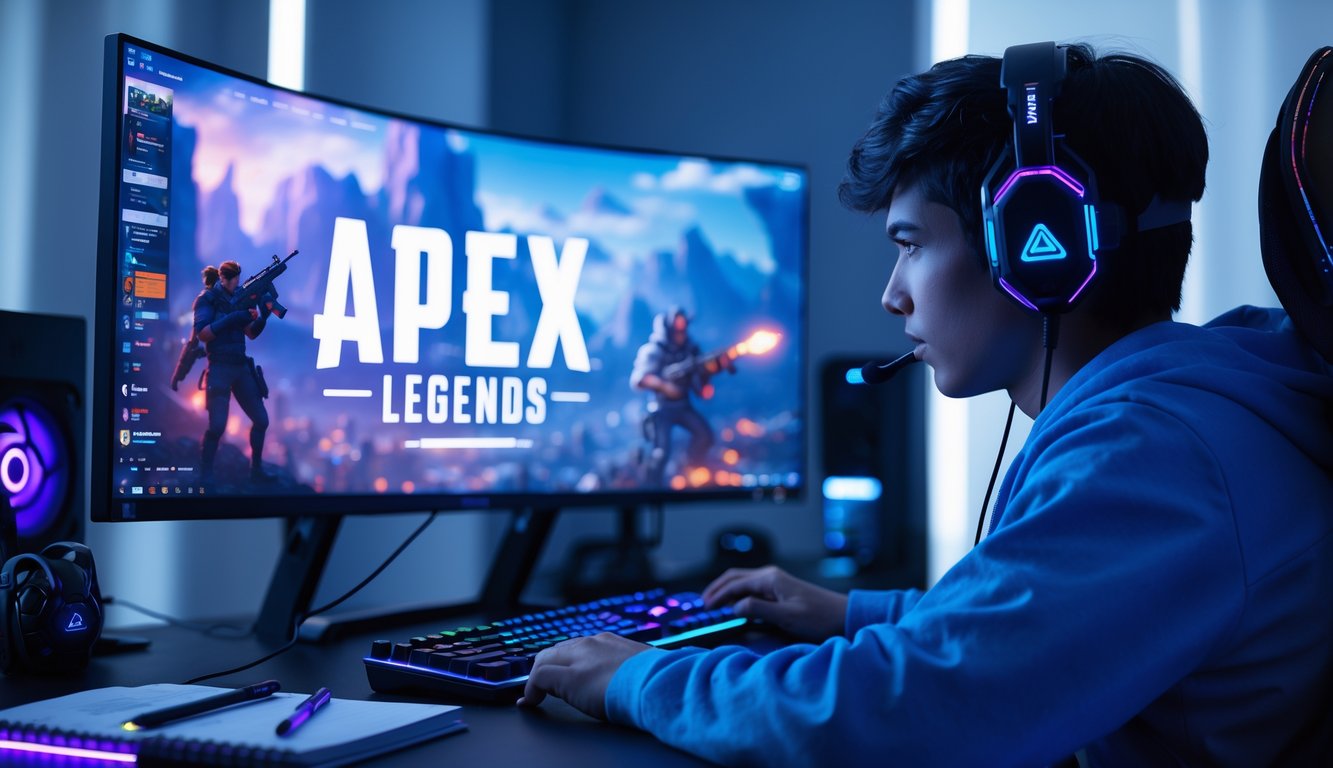 Seorang pemain muda fokus bermain Apex Legends di depan monitor dengan headset dan peralatan gaming di meja.