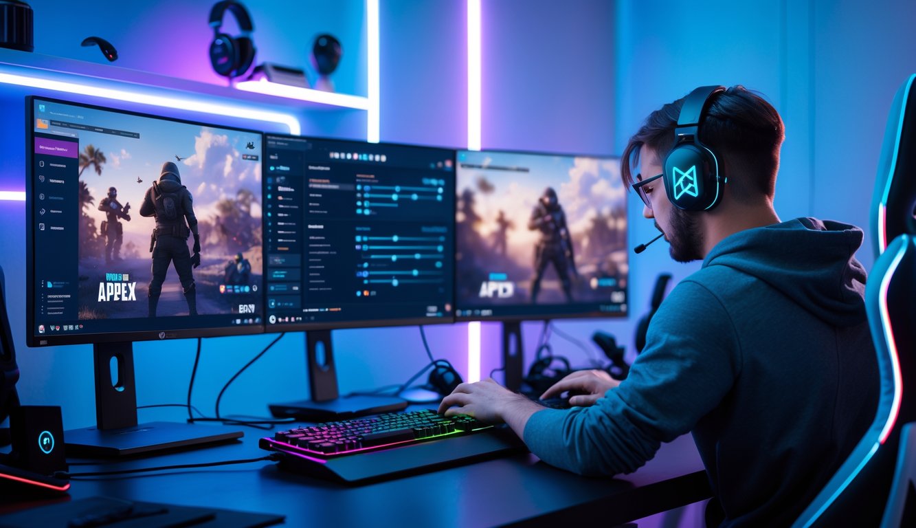 Seorang gamer sedang mengatur pengaturan grafis pada komputer dengan layar menampilkan game Apex Legends di ruangan yang rapi dan dilengkapi perlengkapan gaming.