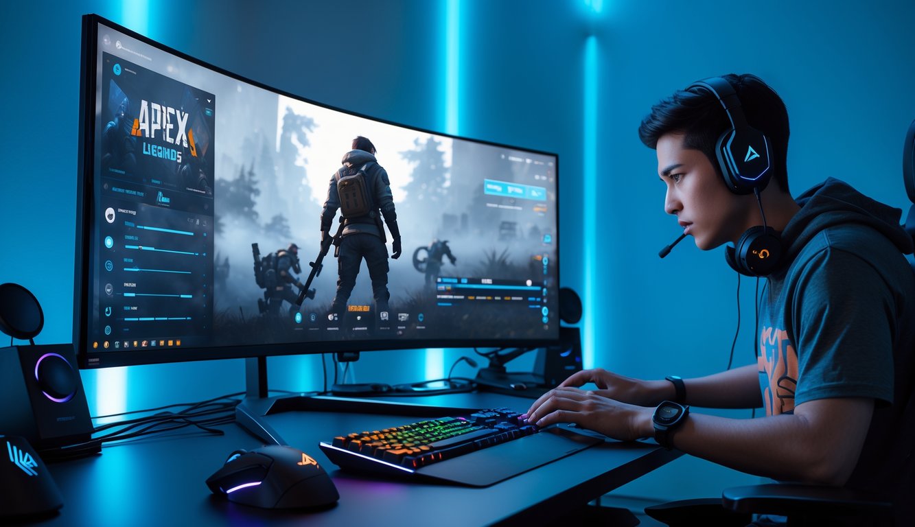 Seorang gamer di depan komputer dengan layar menampilkan pengaturan grafik Apex Legends, di meja terdapat keyboard dan mouse gaming, ruangan terlihat rapi dengan pencahayaan biru.
