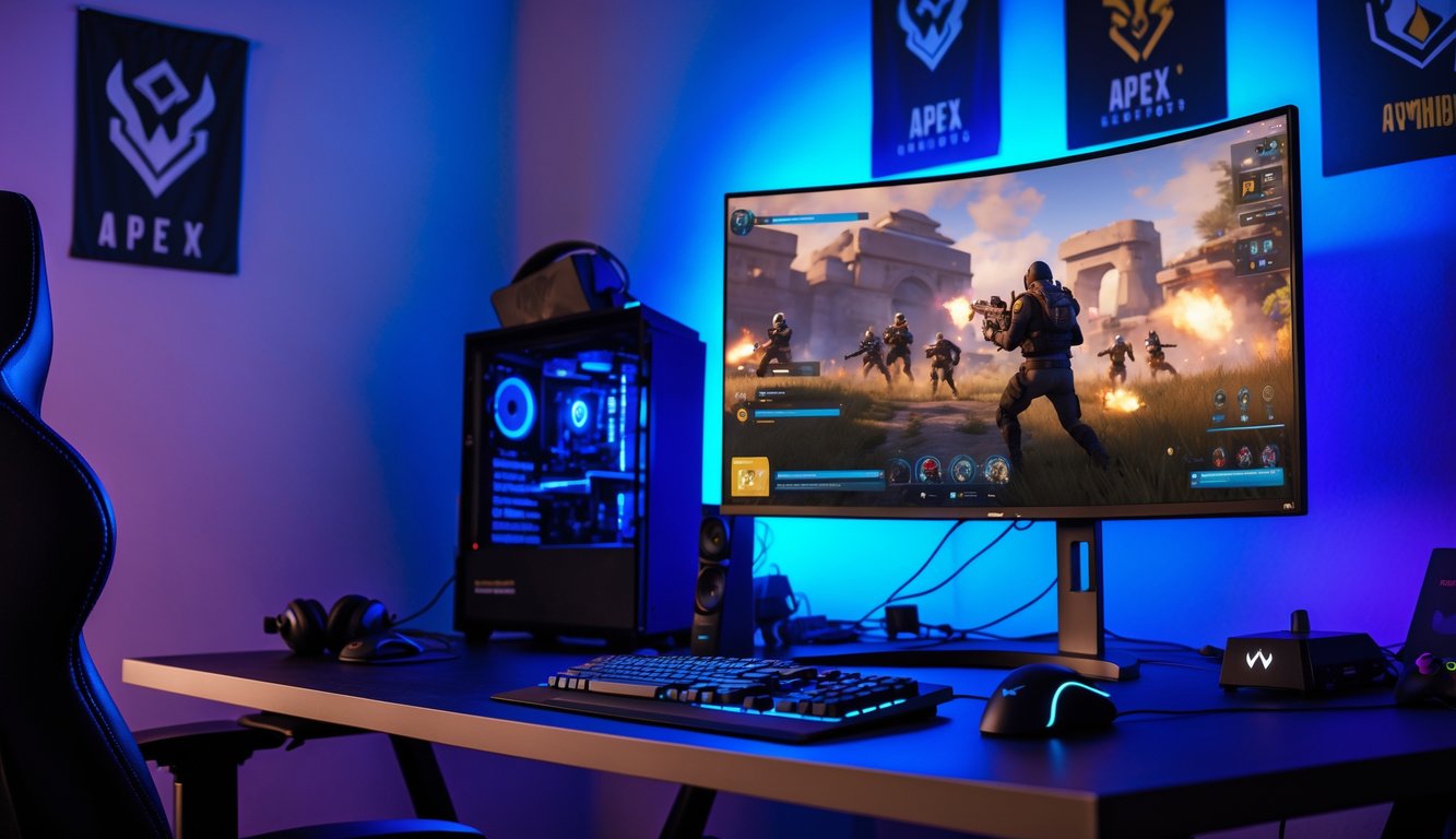 Sebuah setup komputer dengan monitor menampilkan permainan Apex Legends sedang berlangsung, dengan peralatan gaming di sekitarnya.