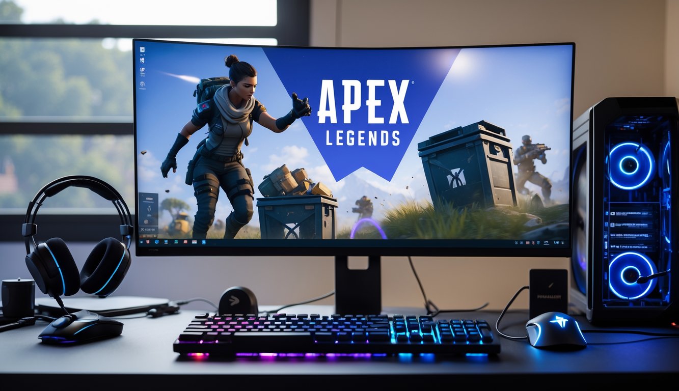 Seorang pemain sedang bermain Apex Legends dengan setup komputer modern dan perlengkapan gaming di meja yang rapi.