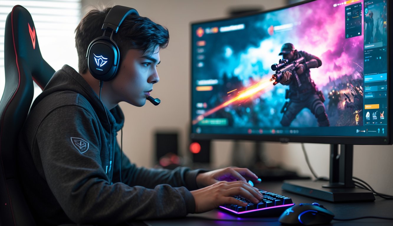 Seorang gamer muda yang fokus bermain game tembak-tembakan di depan layar komputer dengan headset dan mouse di tangan.
