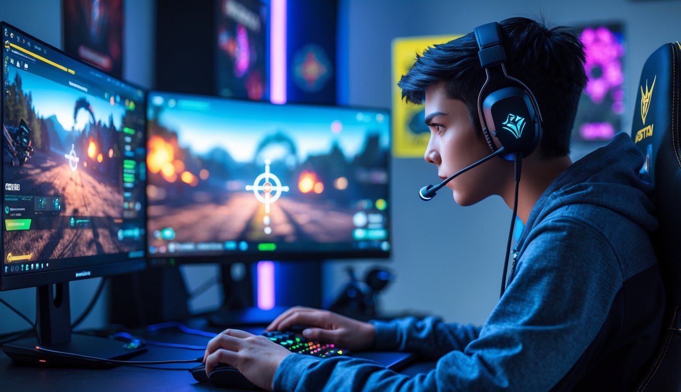 Seorang pemain muda fokus bermain Valorant di meja gaming dengan dua monitor dan headset, di ruangan gaming yang rapi dan terang.