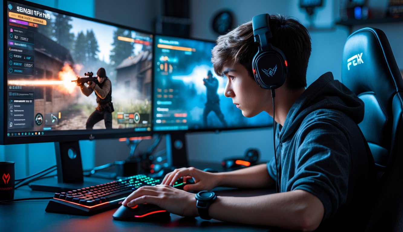 Seorang gamer muda fokus bermain game tembak-menembak di depan komputer dengan perangkat gaming lengkap dan pencahayaan RGB.