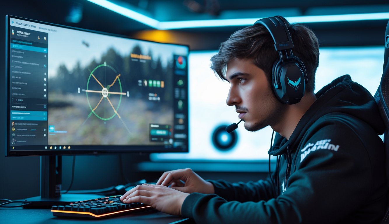 Seorang pemain game sedang mengatur sensitivitas mouse di depan monitor dengan permainan tembak-menembak terlihat di layar.