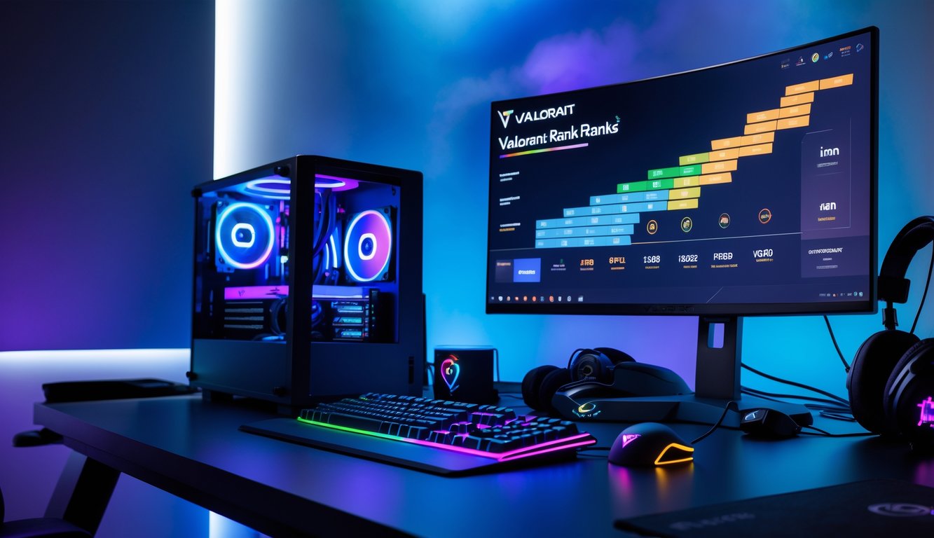 Sebuah meja gaming dengan komputer yang menampilkan grafik peringkat Valorant dan perlengkapan gaming di sekitarnya.