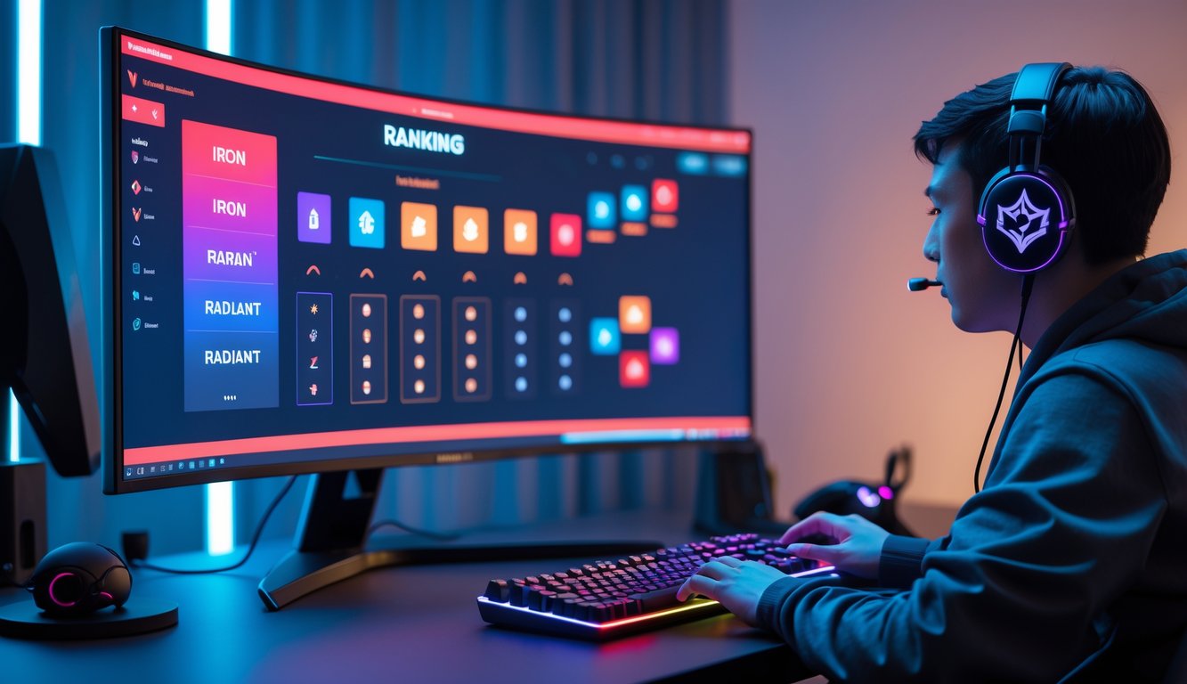 Seorang gamer profesional duduk di depan komputer dengan layar menampilkan ikon peringkat dari Iron hingga Radiant di Valorant.