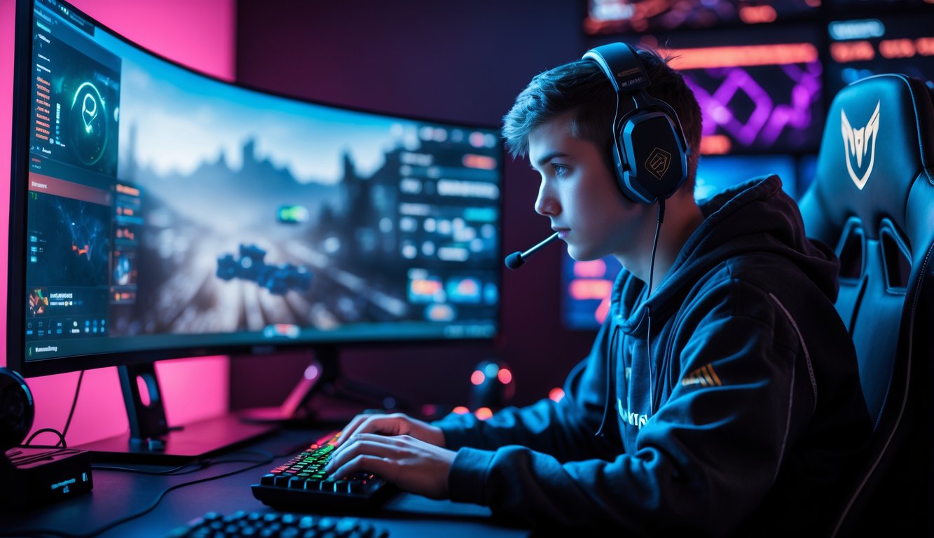Seorang pemain muda fokus bermain game tembak-menembak taktis di depan monitor besar dengan headset dan peralatan gaming di ruangan dengan pencahayaan redup.