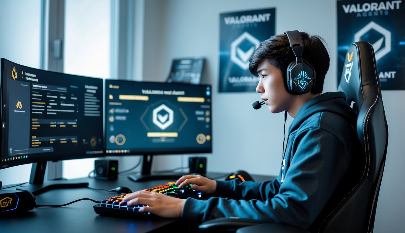Seorang pemain muda fokus bermain Valorant di meja gaming dengan beberapa monitor dan perlengkapan gaming di ruangan yang terang.
