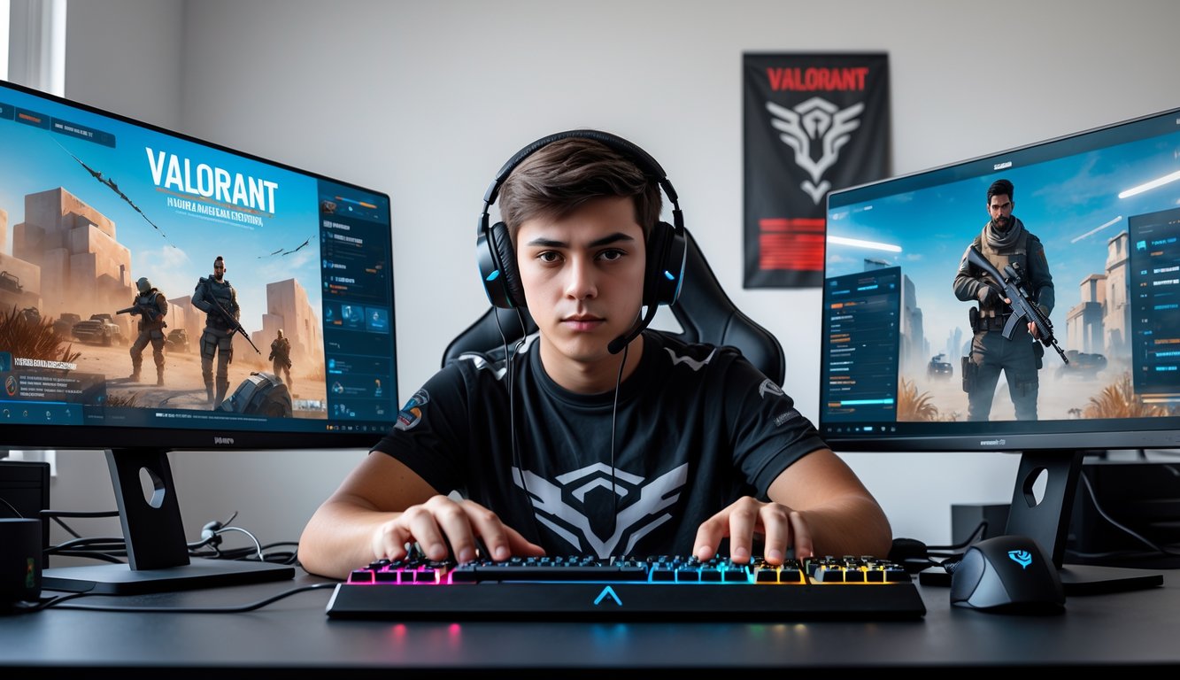 Seorang pemain muda sedang fokus bermain Valorant di meja gaming dengan dua monitor dan headset.