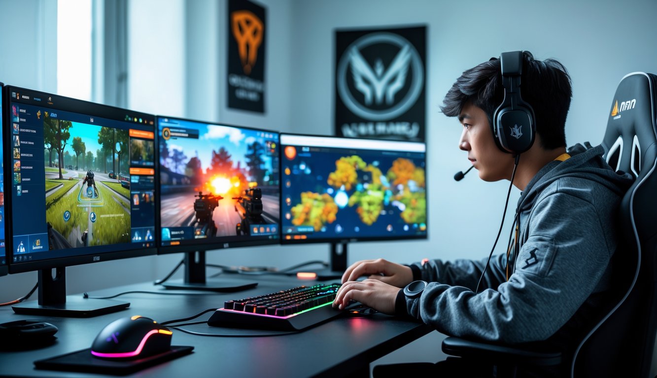 Seorang pemain muda duduk di depan komputer dengan beberapa layar menampilkan permainan video, mengenakan headset dan fokus bermain game.