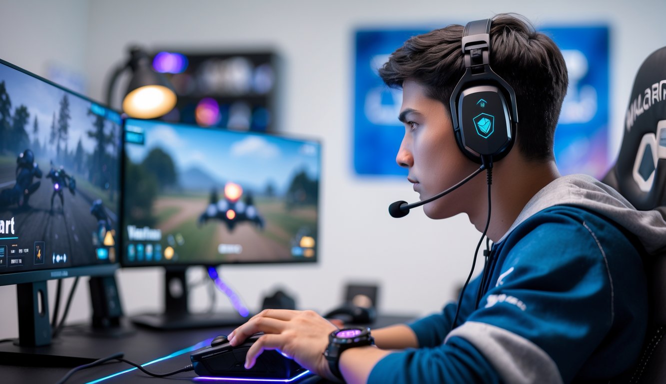 Seorang gamer muda fokus bermain game first-person shooter di komputer dengan headset dan mouse di ruang gaming yang terang.