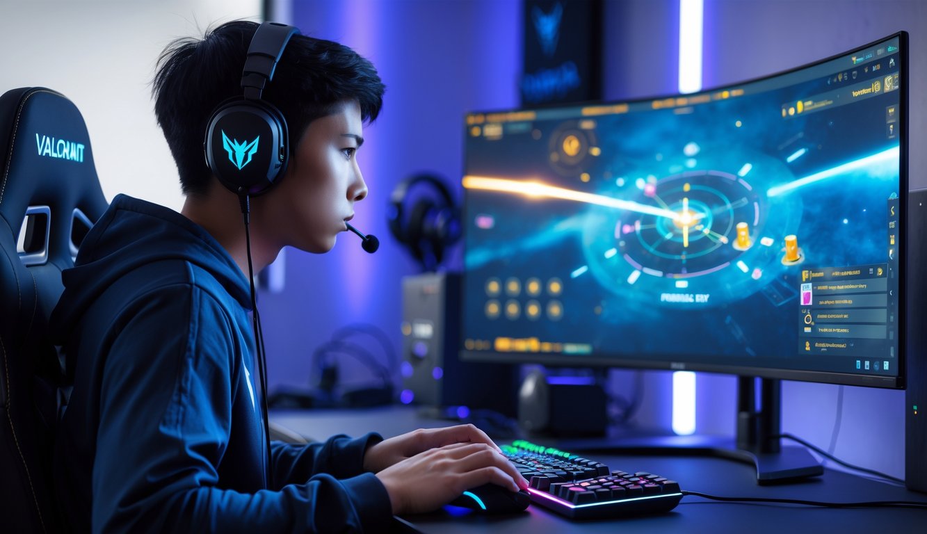 Seorang pemain muda sedang berlatih aiming Valorant di depan layar komputer dengan perlengkapan gaming lengkap.
