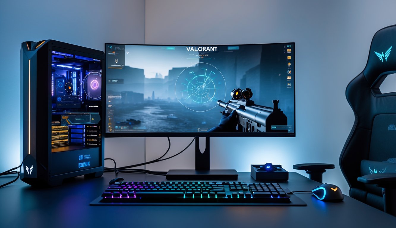Sebuah setup gaming modern dengan komputer dan monitor menampilkan adegan permainan Valorant dengan crosshair di tengah layar.