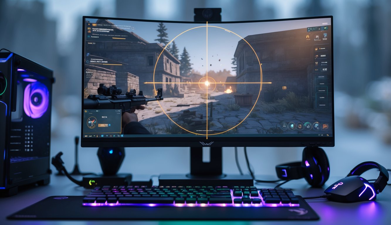 Tampilan dekat setup komputer dengan layar menampilkan crosshair di permainan Valorant, dikelilingi oleh keyboard, mouse gaming, dan headset.