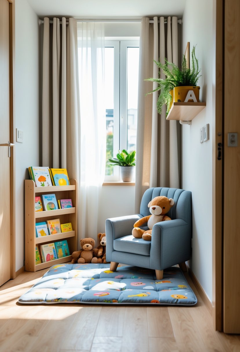 A toddler reading nook with a small bookshelf, cushioned floor mat, armchair, stuffed animals, and natural light coming through a window.