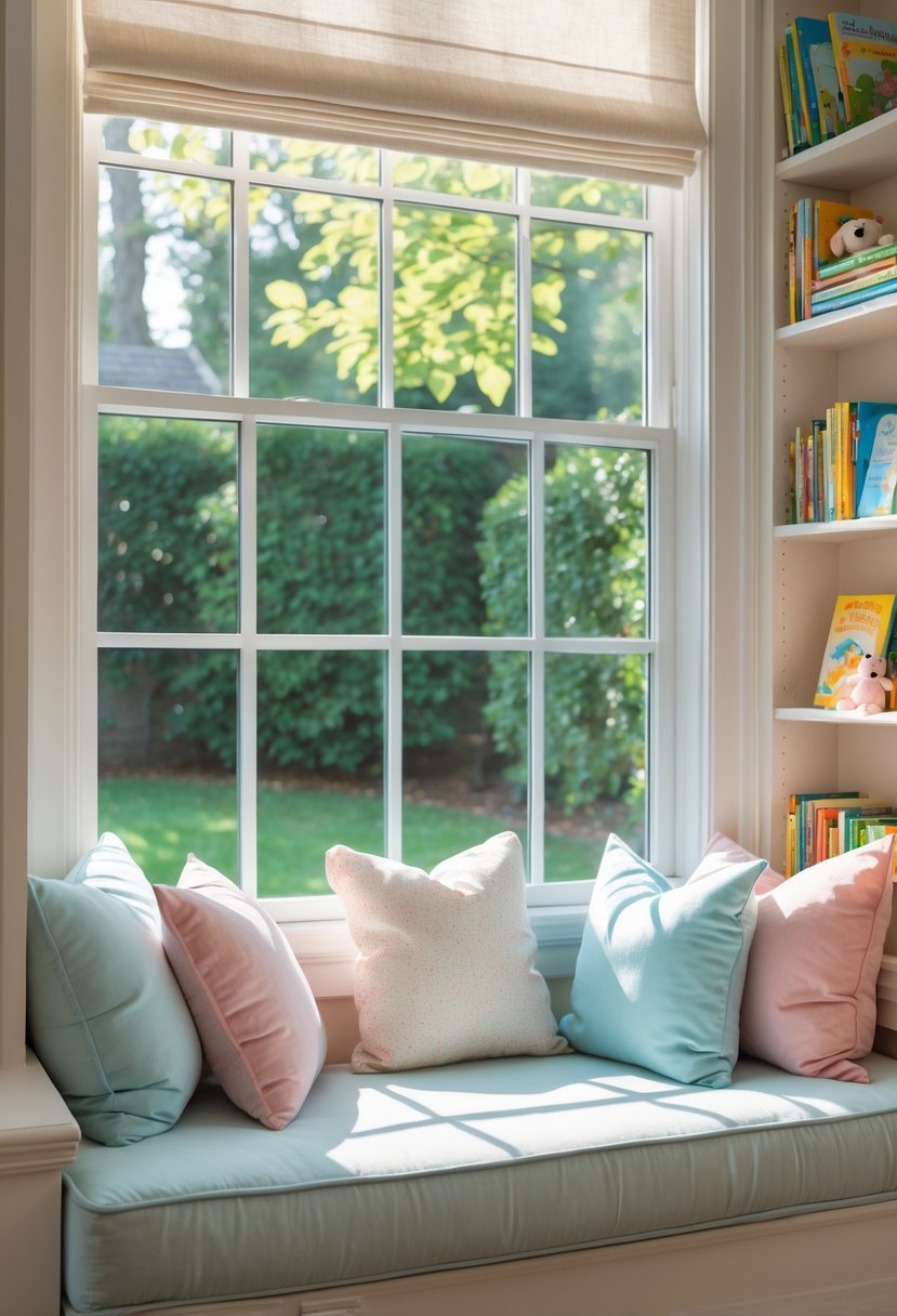 A toddler's cozy reading nook with cushions, children's books, and a window seat with sunlight streaming in.