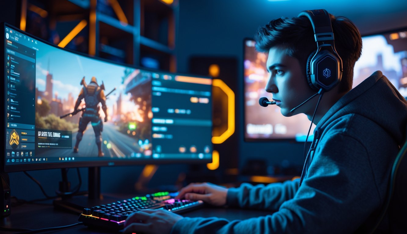 Seorang pemain game muda duduk sendirian di depan komputer dengan tampilan permainan tembak-menembak kompetitif di layar.