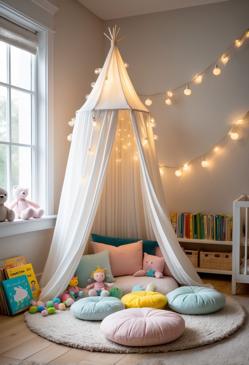 A toddler reading nook with a white canopy, cushions, fairy lights, and children's books in a softly lit room.
