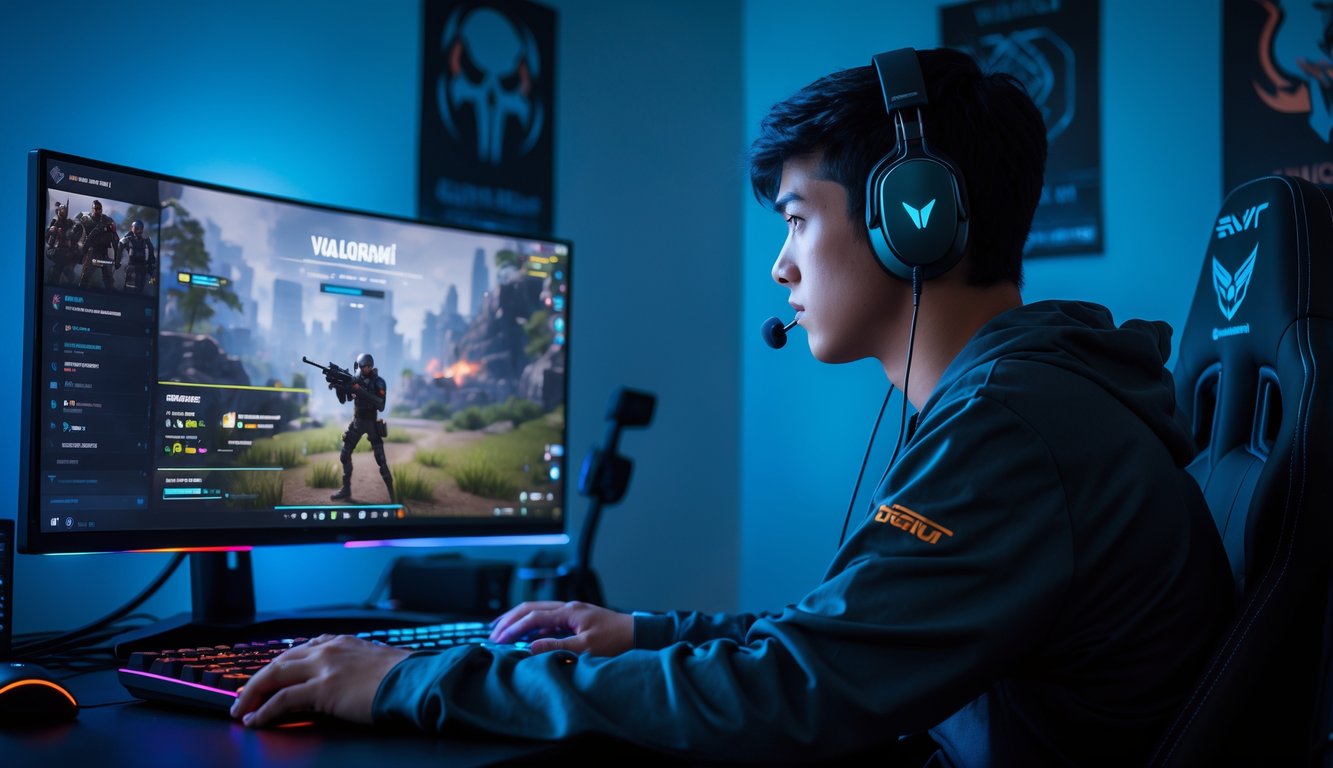 Seorang pemain muda duduk sendirian di depan komputer dengan headset, fokus bermain game kompetitif.