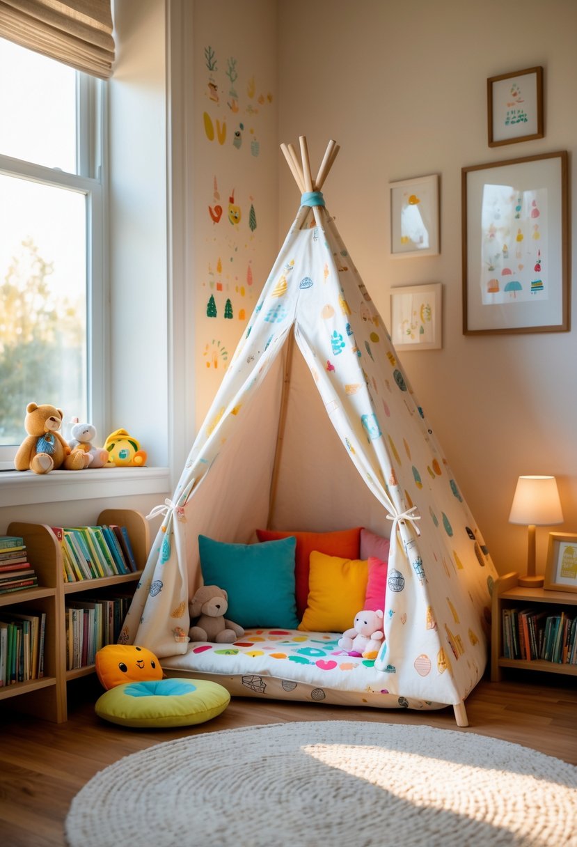 A toddler reading nook with a fabric tent, cushions, plush toys, and shelves filled with children's books in a softly lit kids' room.
