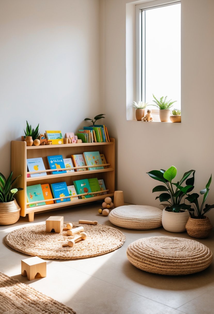 A cozy toddler reading corner with a low wooden bookshelf, floor cushions, a woven rug, potted plants, and natural wooden toys in a softly lit room.