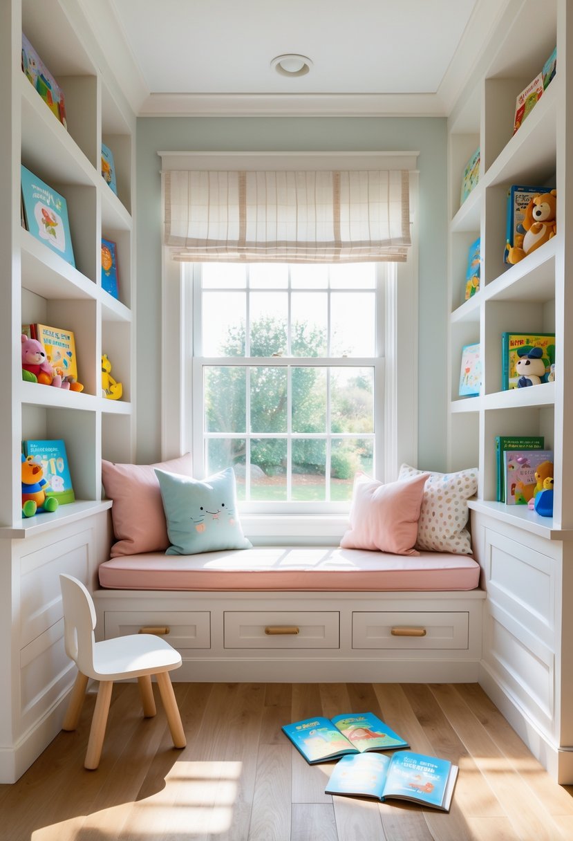 A built-in reading bench nook with cushions, children's books on shelves, and toys in a bright room.