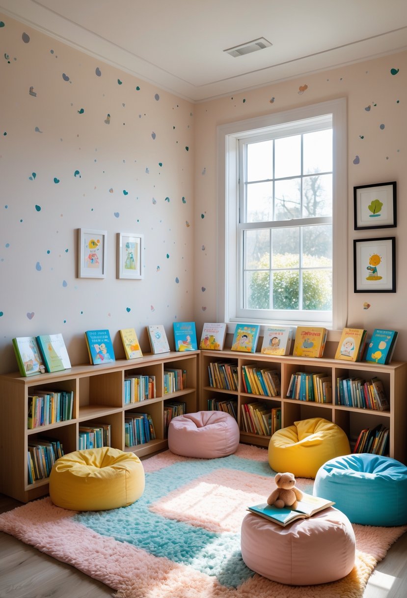 A cozy corner reading nook for toddlers with low bookshelves, colorful books, cushions, and soft lighting.