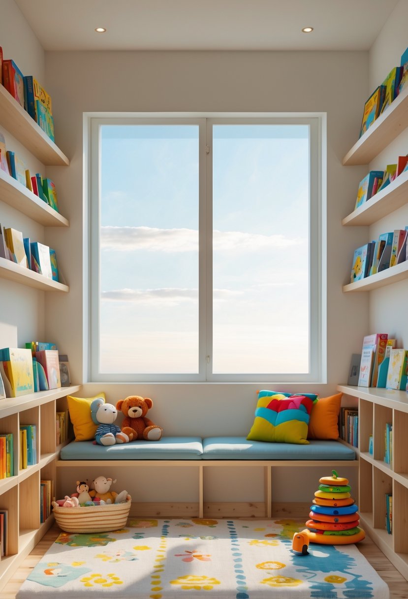 A cozy toddler reading nook under a window with cushions, bookshelves, toys, and sunlight streaming in.