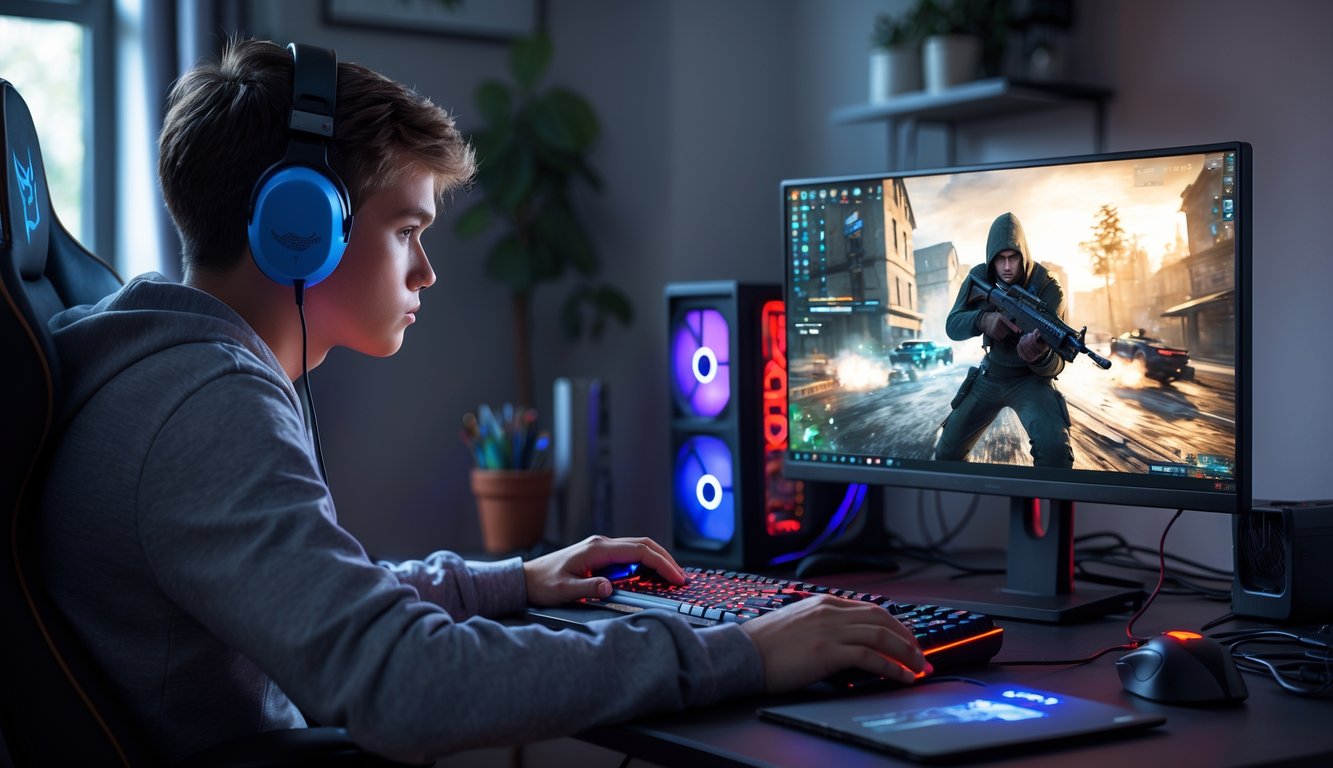 Seorang pemain muda sedang bermain game di komputer desktop dengan fokus di sebuah ruangan yang nyaman dan modern.