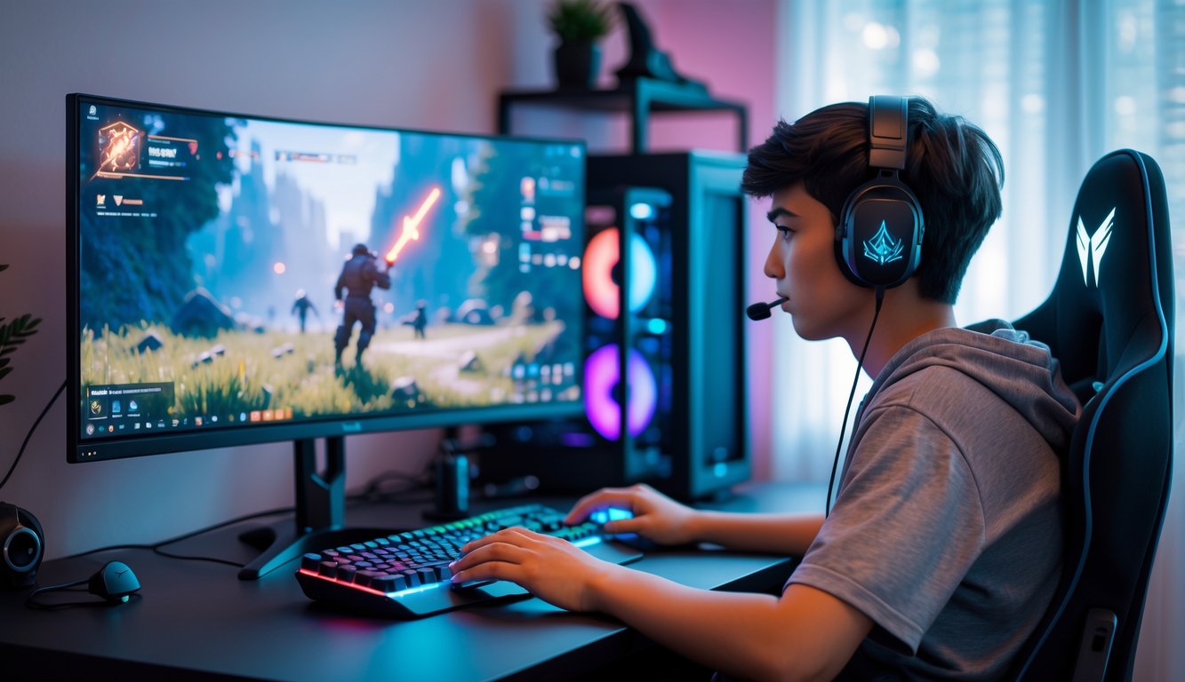 Seorang gamer muda sedang fokus bermain Valorant di meja dengan komputer dan perlengkapan gaming sederhana.