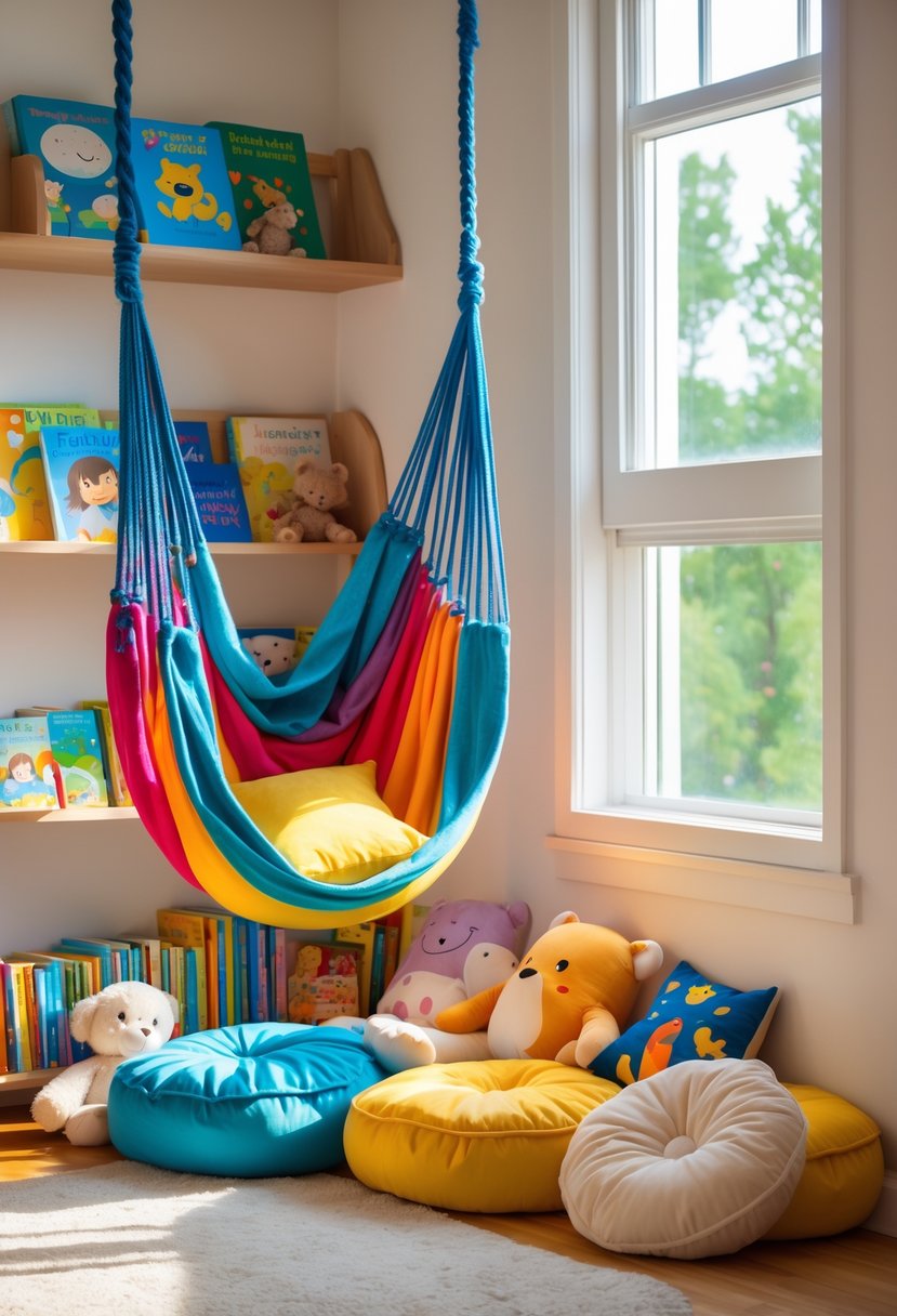 A toddler reading nook with a colorful indoor hammock, cushions, plush toys, bookshelves, and natural sunlight.