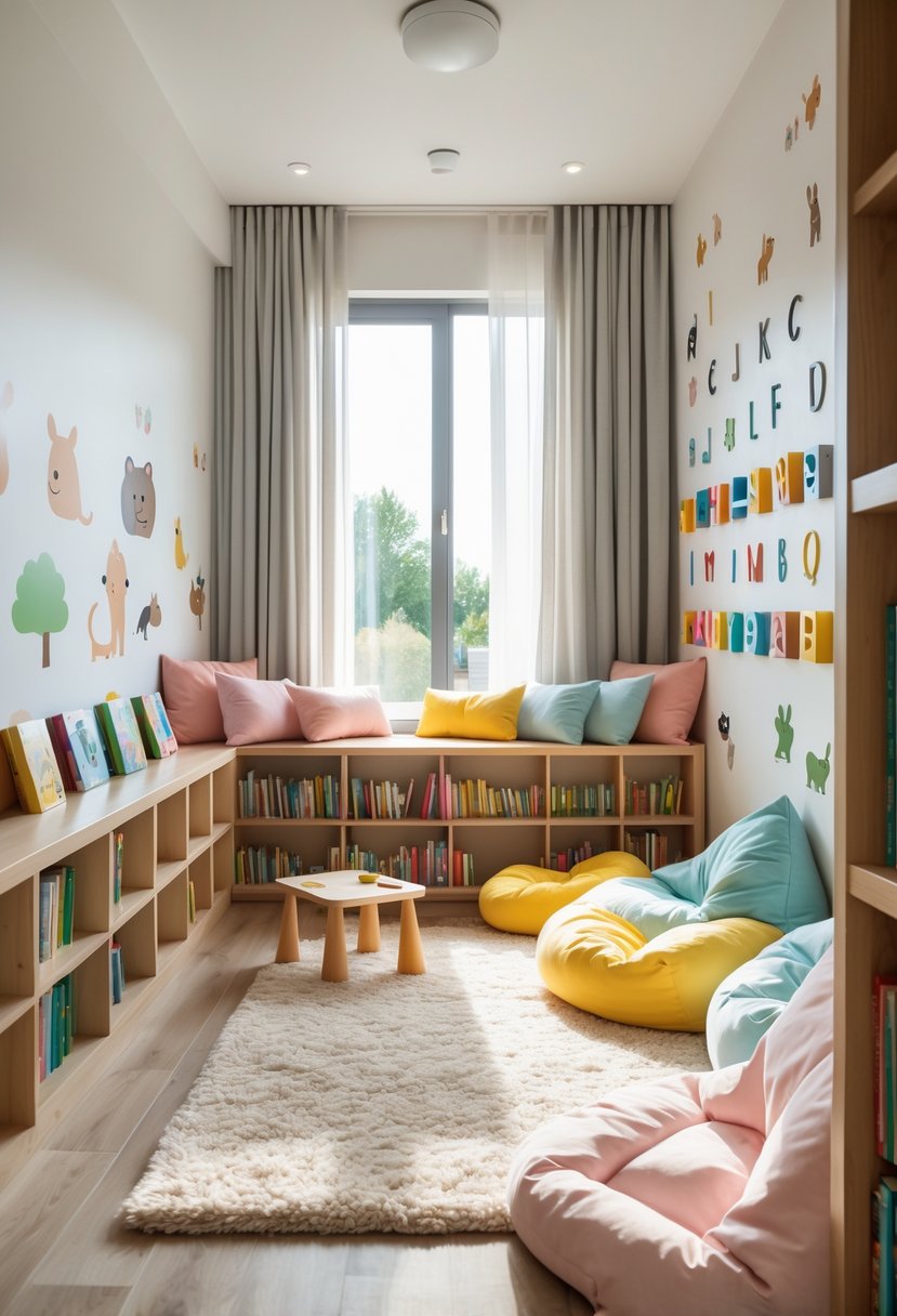 A toddler reading nook with low bookshelves, colorful books, soft cushions, and child-sized furniture in a bright, cozy corner.