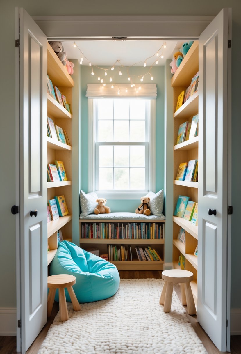 A small closet transformed into a cozy reading nook with shelves of children's books, cushions, and a toddler-sized chair.