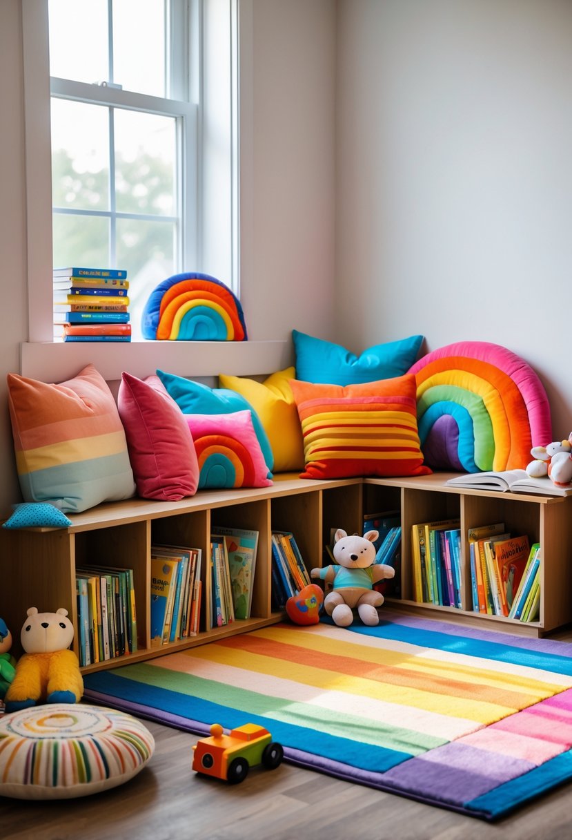A toddler reading nook with colorful cushions, a small bookshelf filled with books, and plush toys arranged in a cozy corner.