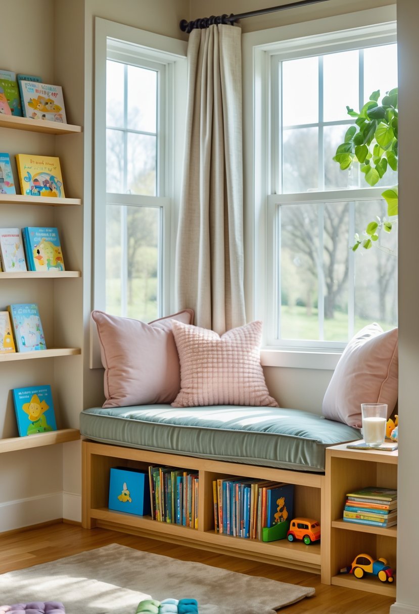 A small living room reading corner with a cushioned window seat, children's books on low shelves, and soft natural light.