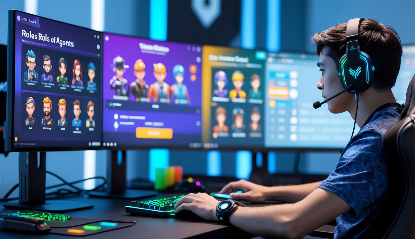 Seorang gamer sedang duduk di depan komputer dengan layar yang menampilkan karakter agen dari permainan Valorant, terlihat fokus memilih peran yang sesuai.